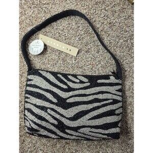 Studio 12 Hand Beaded Zebra Pattern Shoulder Bag Black Silver Zip Closure Women